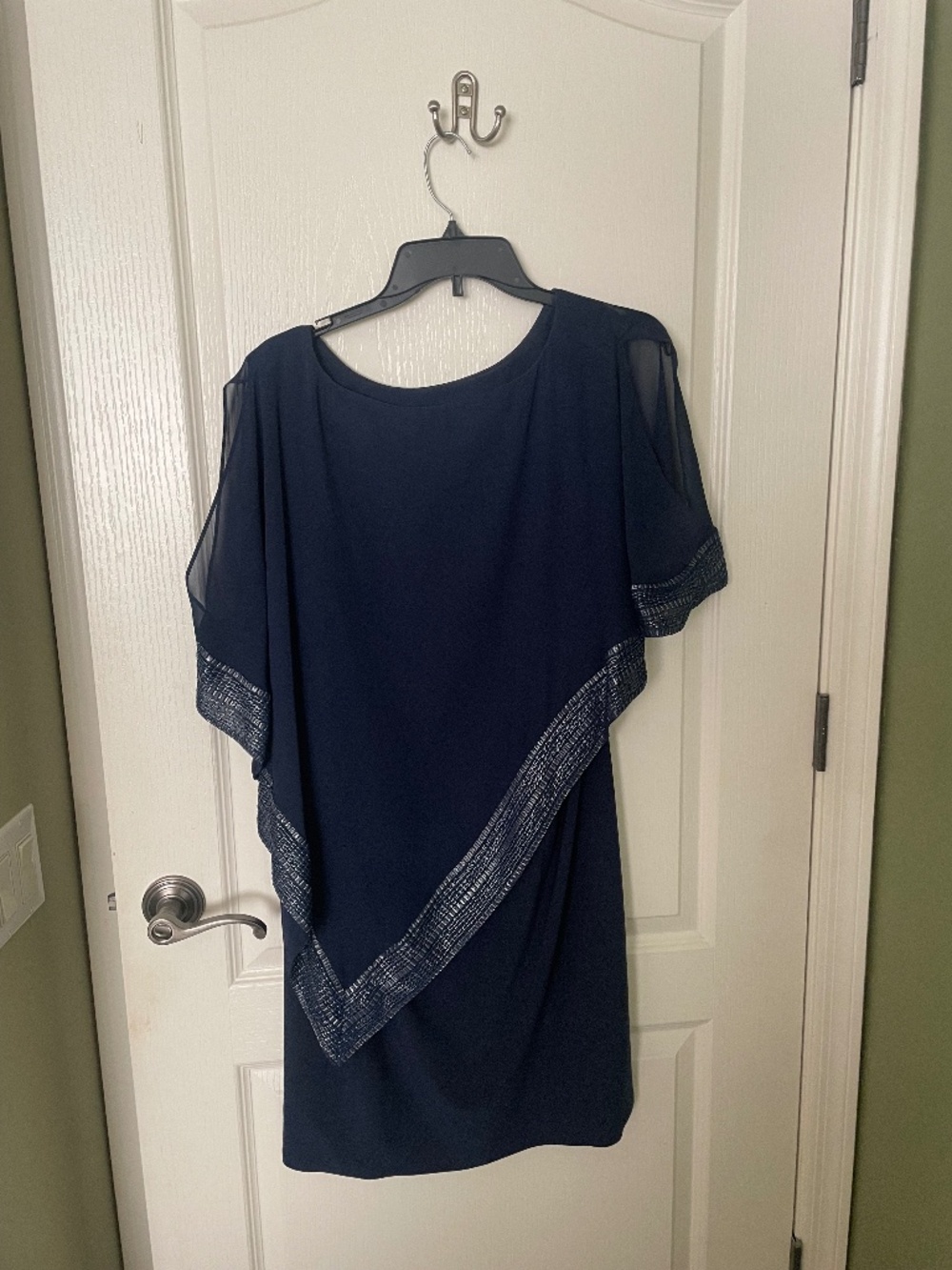 Elegant Navy Blue sheer-sleeves tunic/top, embellished trim, size 14